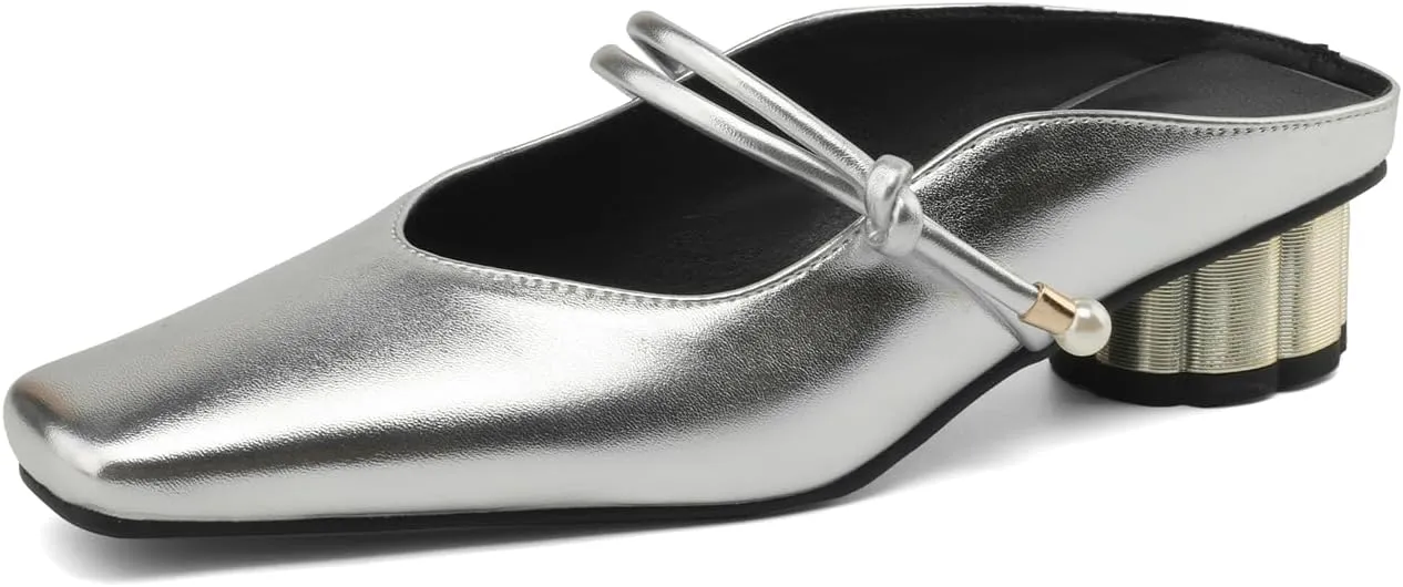 Women's Basic Mid Chunky Heel Pearl Strap Mules for Women Square Toe Slip-On Backless Slide Sandals Work Casual Fashion Pumps Business Dress Party Office Comfortable Shoes
