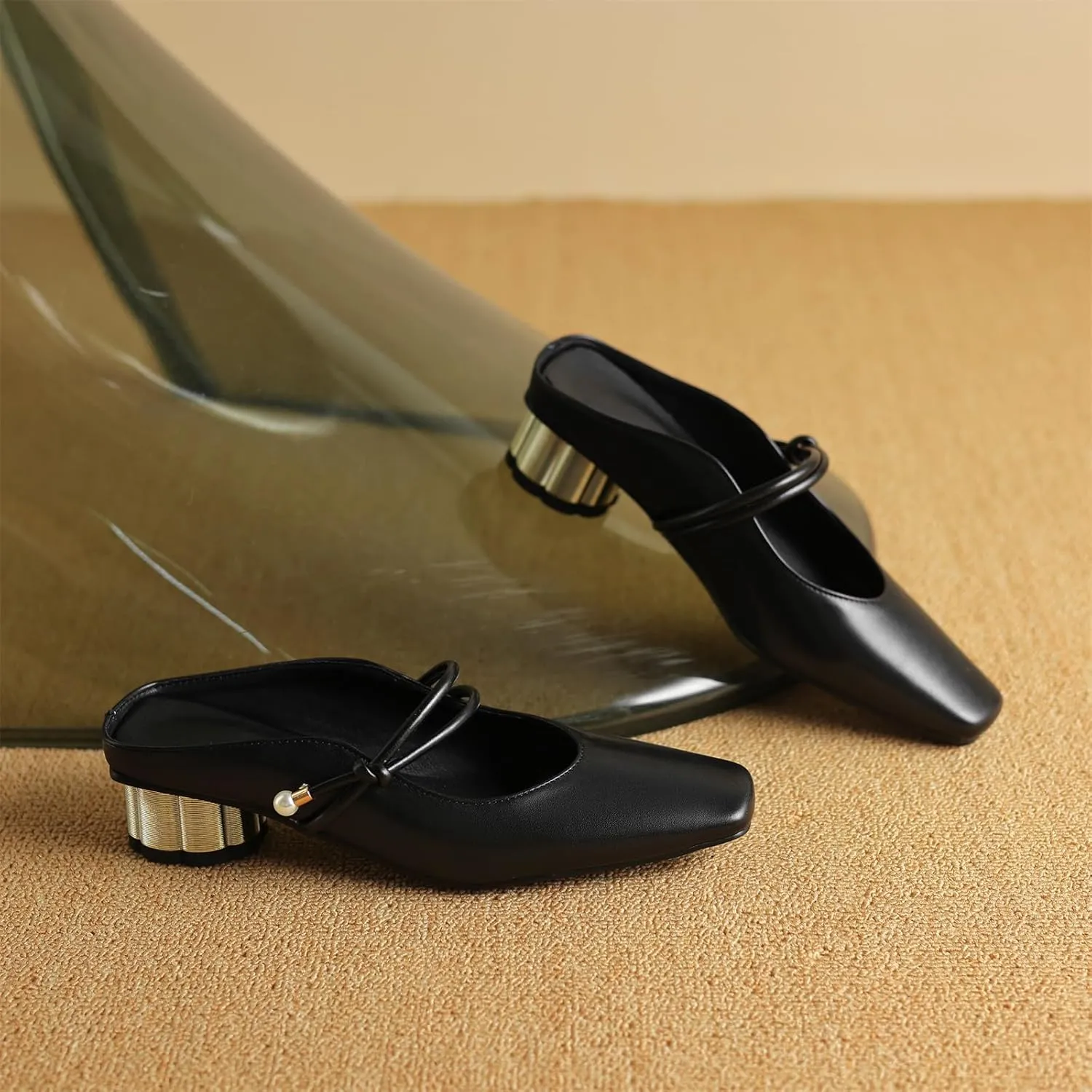Women's Basic Mid Chunky Heel Pearl Strap Mules for Women Square Toe Slip-On Backless Slide Sandals Work Casual Fashion Pumps Business Dress Party Office Comfortable Shoes