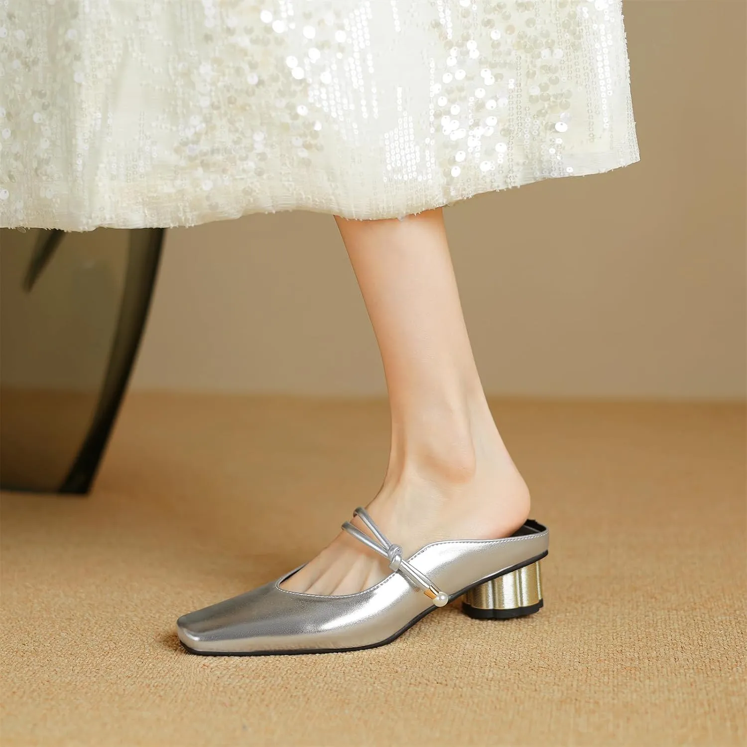 Women's Basic Mid Chunky Heel Pearl Strap Mules for Women Square Toe Slip-On Backless Slide Sandals Work Casual Fashion Pumps Business Dress Party Office Comfortable Shoes