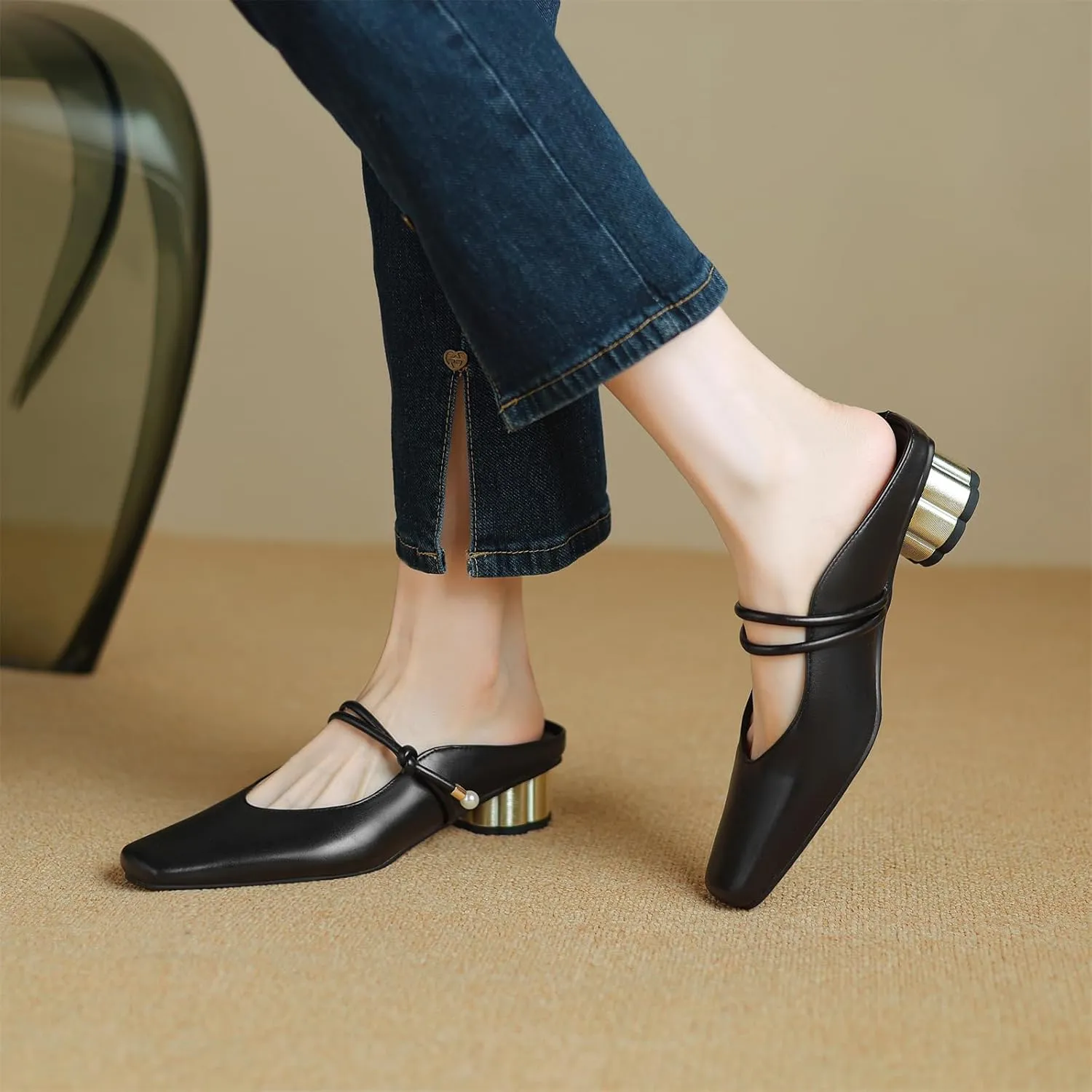 Women's Basic Mid Chunky Heel Pearl Strap Mules for Women Square Toe Slip-On Backless Slide Sandals Work Casual Fashion Pumps Business Dress Party Office Comfortable Shoes