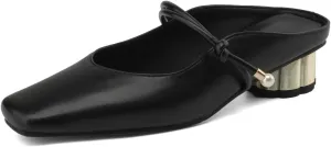 Women's Basic Mid Chunky Heel Pearl Strap Mules for Women Square Toe Slip-On Backless Slide Sandals Work Casual Fashion Pumps Business Dress Party Office Comfortable Shoes