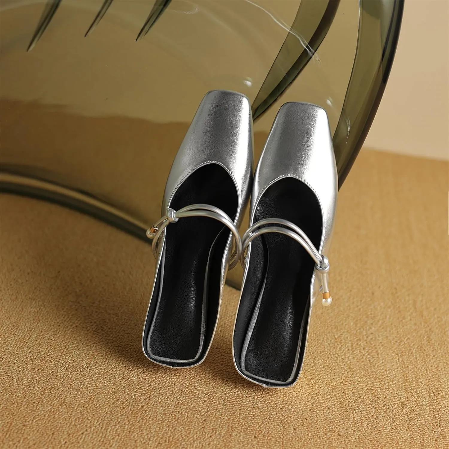 Women's Basic Mid Chunky Heel Pearl Strap Mules for Women Square Toe Slip-On Backless Slide Sandals Work Casual Fashion Pumps Business Dress Party Office Comfortable Shoes