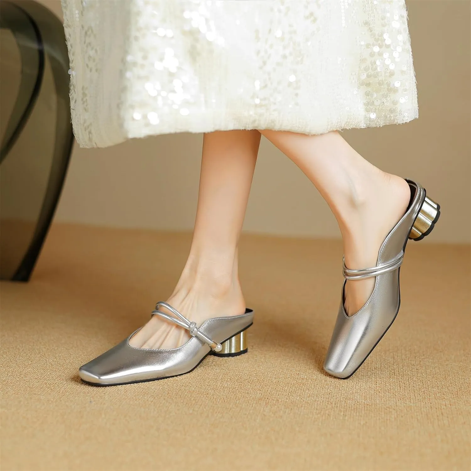 Women's Basic Mid Chunky Heel Pearl Strap Mules for Women Square Toe Slip-On Backless Slide Sandals Work Casual Fashion Pumps Business Dress Party Office Comfortable Shoes
