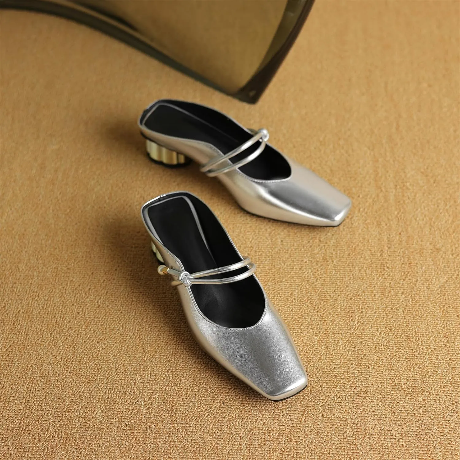 Women's Basic Mid Chunky Heel Pearl Strap Mules for Women Square Toe Slip-On Backless Slide Sandals Work Casual Fashion Pumps Business Dress Party Office Comfortable Shoes