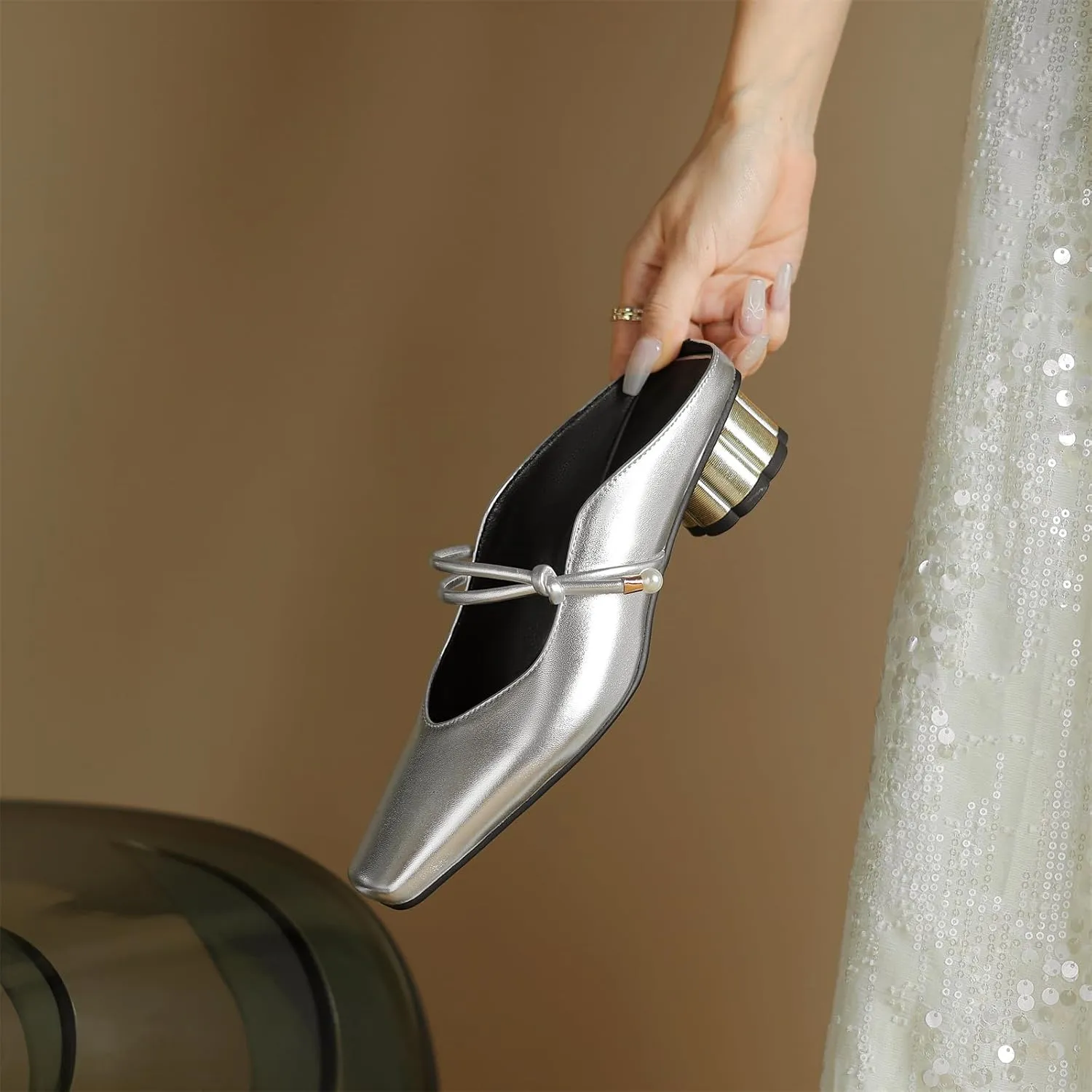 Women's Basic Mid Chunky Heel Pearl Strap Mules for Women Square Toe Slip-On Backless Slide Sandals Work Casual Fashion Pumps Business Dress Party Office Comfortable Shoes
