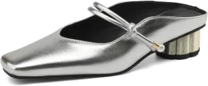 Women's Basic Mid Chunky Heel Pearl Strap Mules for Women Square Toe Slip-On Backless Slide Sandals Work Casual Fashion Pumps Business Dress Party Office Comfortable Shoes