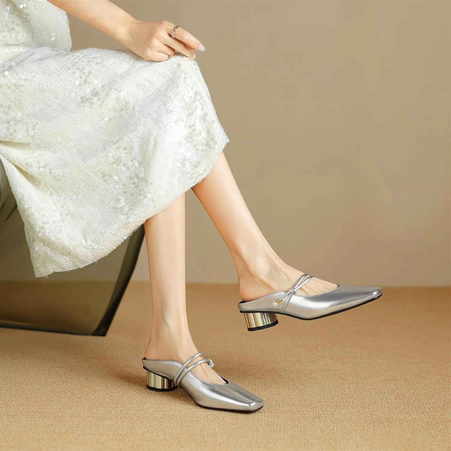 Women's Basic Mid Chunky Heel Pearl Strap Mules for Women Square Toe Slip-On Backless Slide Sandals Work Casual Fashion Pumps Business Dress Party Office Comfortable Shoes