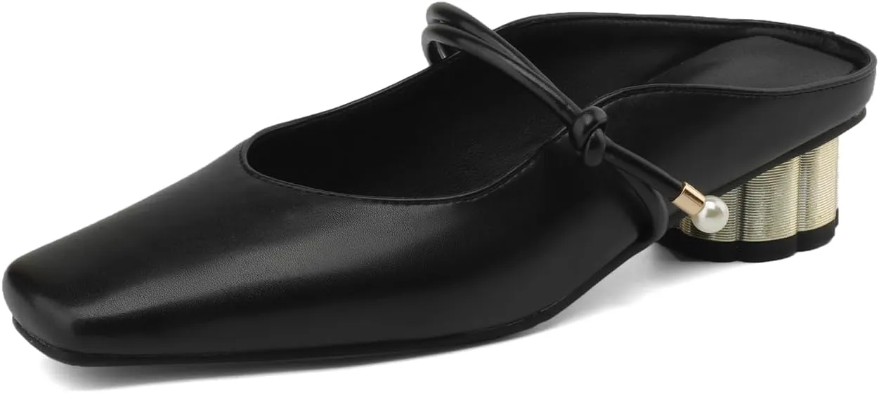 Women's Basic Mid Chunky Heel Pearl Strap Mules for Women Square Toe Slip-On Backless Slide Sandals Work Casual Fashion Pumps Business Dress Party Office Comfortable Shoes