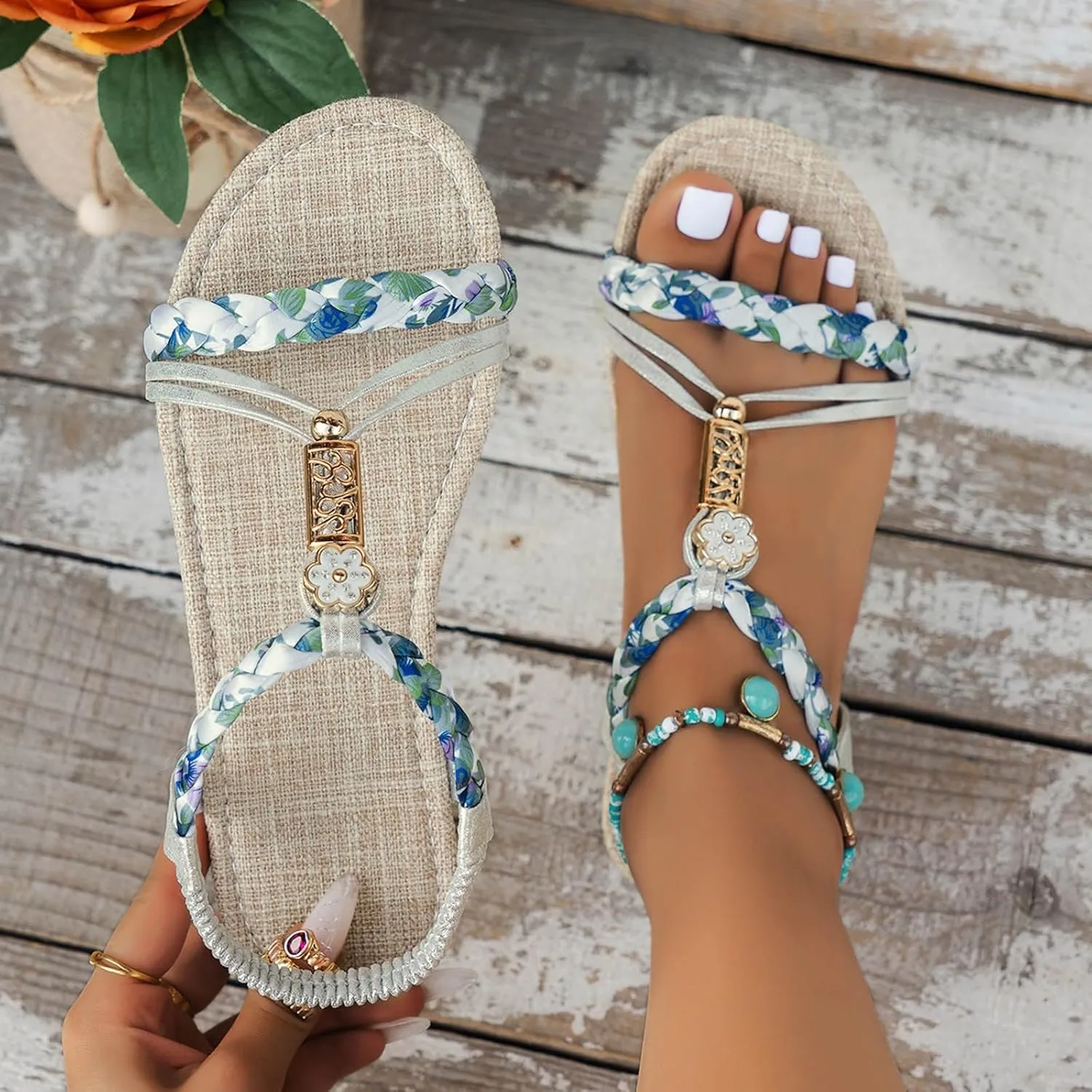 Women's Boho Flat Sandals with Elastic Strappy Comfy Open Toe Rhinestones Sparkly Dressy Sandal Ladies Arch Support Low Heel Slip On Lightweight Cushioned Shoes for Wedding Bridal Daily Wear