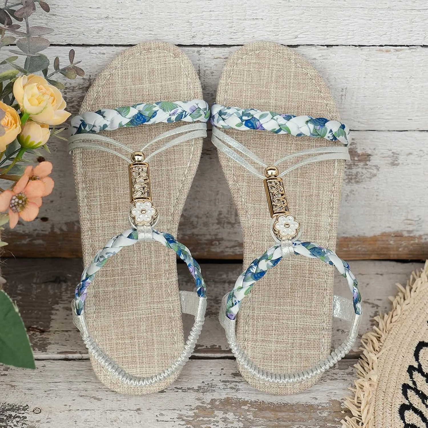 Women's Boho Flat Sandals with Elastic Strappy Comfy Open Toe Rhinestones Sparkly Dressy Sandal Ladies Arch Support Low Heel Slip On Lightweight Cushioned Shoes for Wedding Bridal Daily Wear