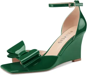 Women's Bow Heels Open Square Toe Wedge Sandals Summer Wedges Shoes with Ankle Strap Buckle Comfortable Dressy Female Shoes for Ladies