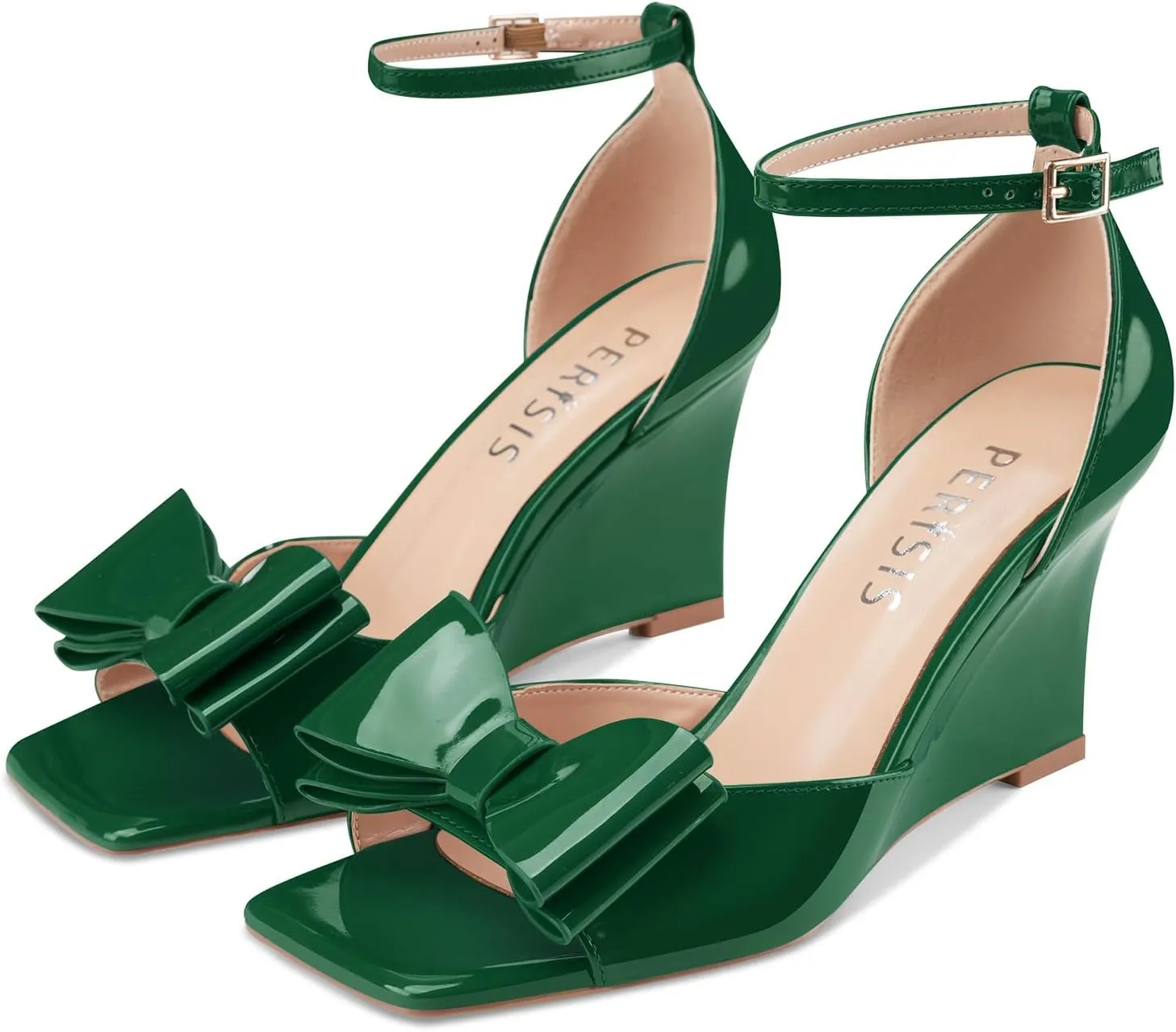 Women's Bow Heels Open Square Toe Wedge Sandals Summer Wedges Shoes with Ankle Strap Buckle Comfortable Dressy Female Shoes for Ladies