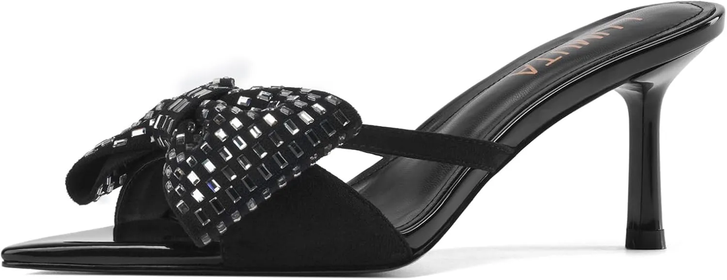 Women’s Bow High Stilettos Heels Mules pointed Slip On Comfort Sexy Dress Pumps Sandals Evening Party Prom Dance Shoes