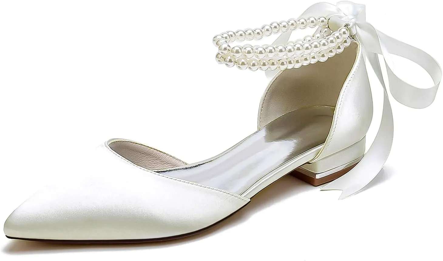 Women's Bridal Shoes Satin Pearl Ribbon Lace Up Wedding Sandals Formal Evening Closed Pointed Toe Dress Sandals