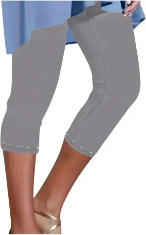 Womens Capris Leggings Yoga Pants with Pockets Plus Size High Waisted Stretch Capris Rhinestone Trim Tights