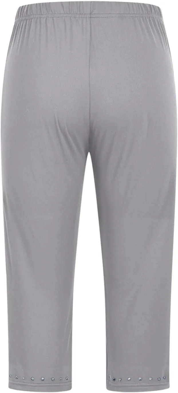 Womens Capris Leggings Yoga Pants with Pockets Plus Size High Waisted Stretch Capris Rhinestone Trim Tights