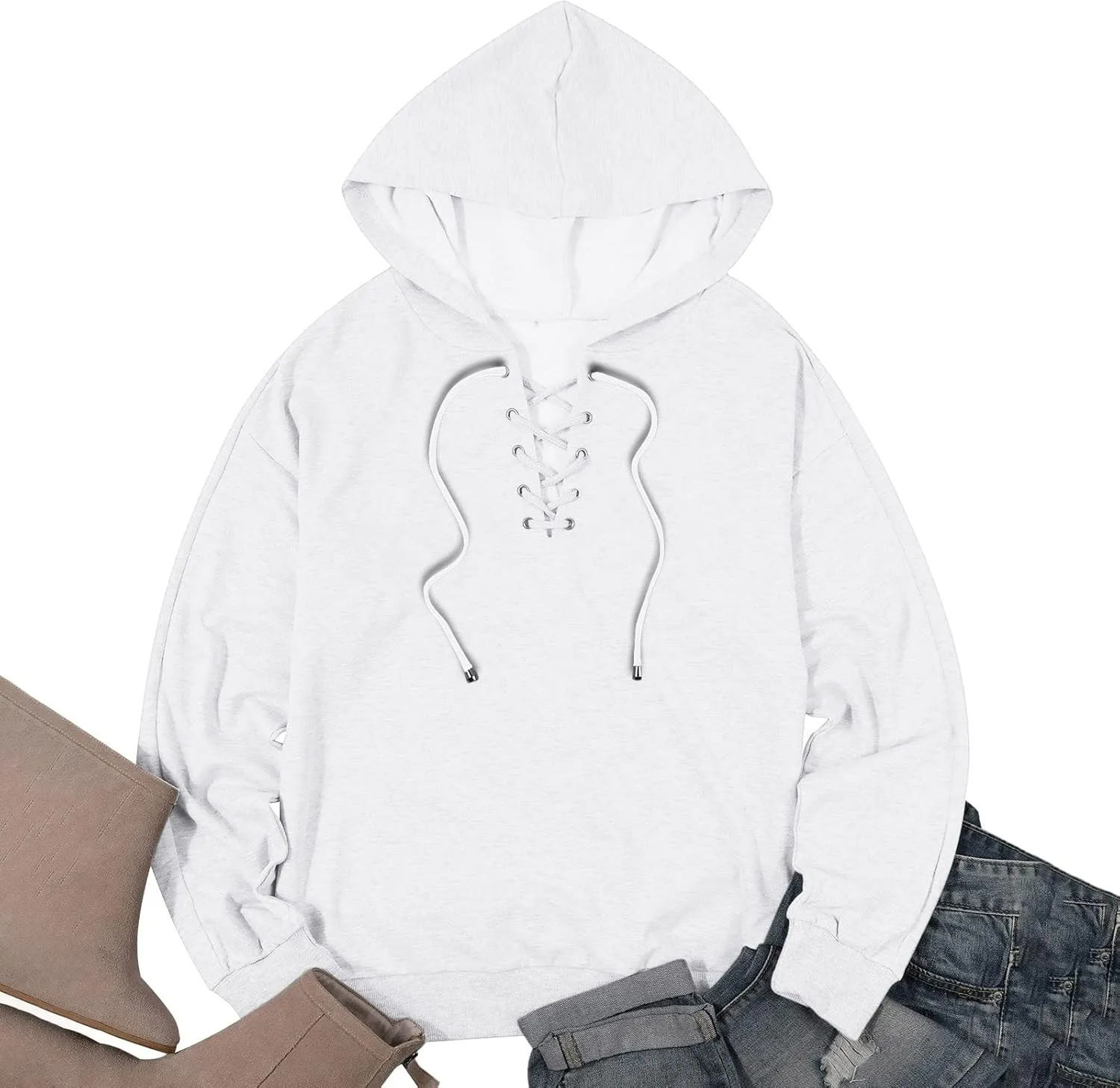 Women's Casual Drawstring Hoodies V Neck Lace Up Long Sleeve Pullover Sweatshirts Solid Color Long Sleeve Blouse Tops