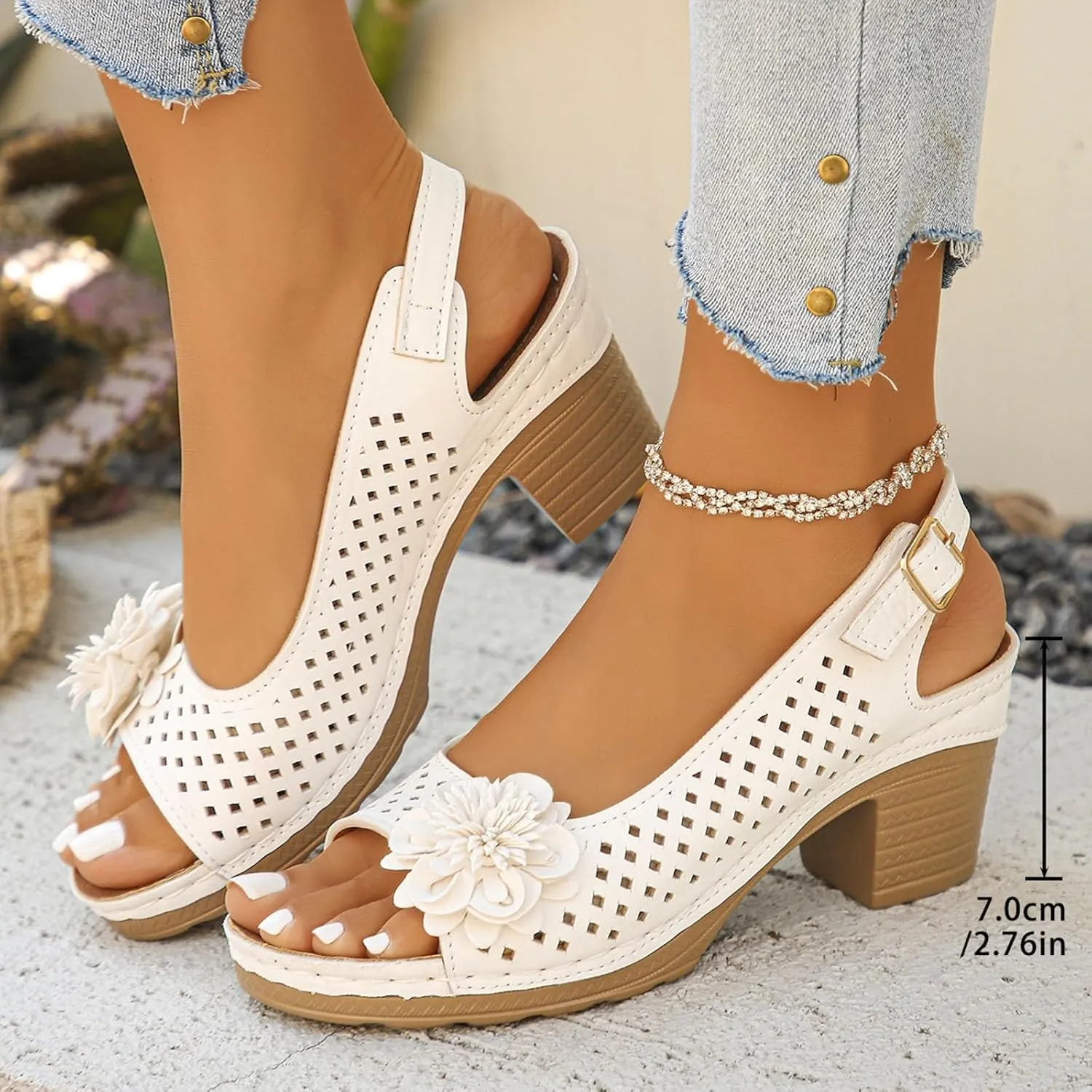 Womens Chunky High Block Heels Sandals 2025 Summer Fish Mouth Flowers Casual Ankle Strap Hollow Out Platform Wedge Open Toe Arch Support Casual Boho Sandal