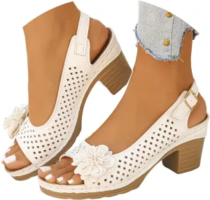 Womens Chunky High Block Heels Sandals 2025 Summer Fish Mouth Flowers Casual Ankle Strap Hollow Out Platform Wedge Open Toe Arch Support Casual Boho Sandal