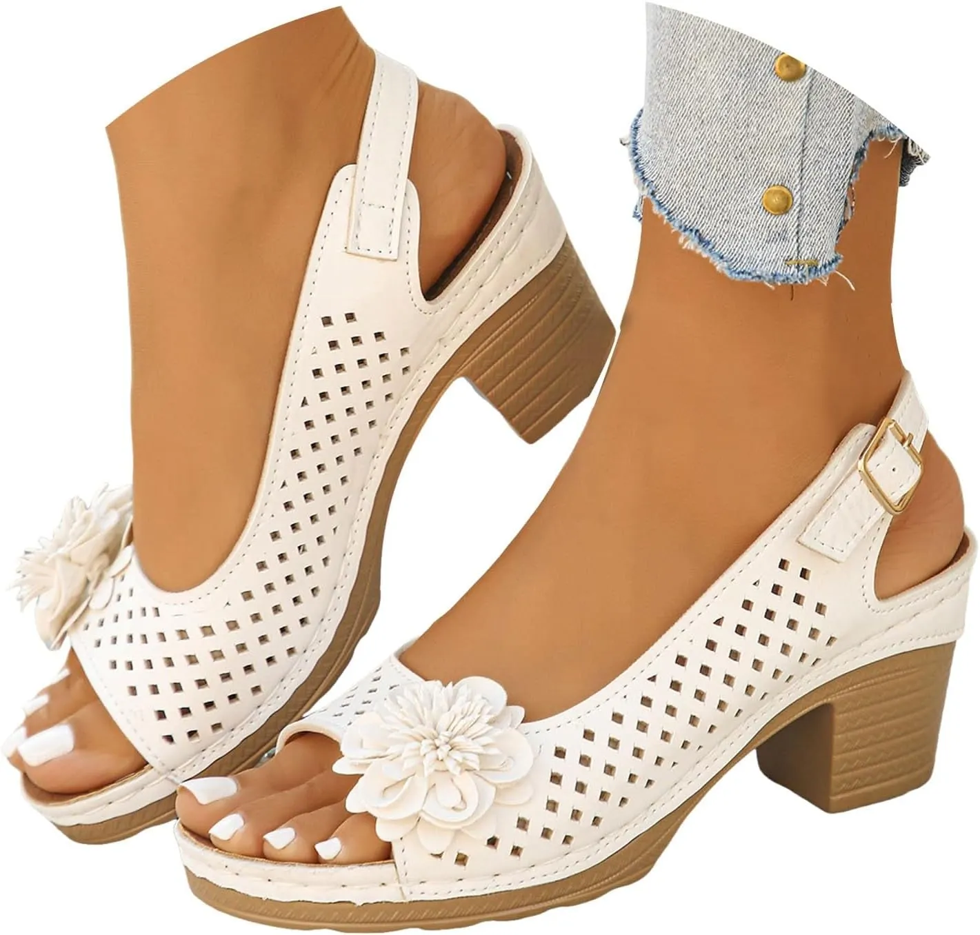 Womens Chunky High Block Heels Sandals 2025 Summer Fish Mouth Flowers Casual Ankle Strap Hollow Out Platform Wedge Open Toe Arch Support Casual Boho Sandal
