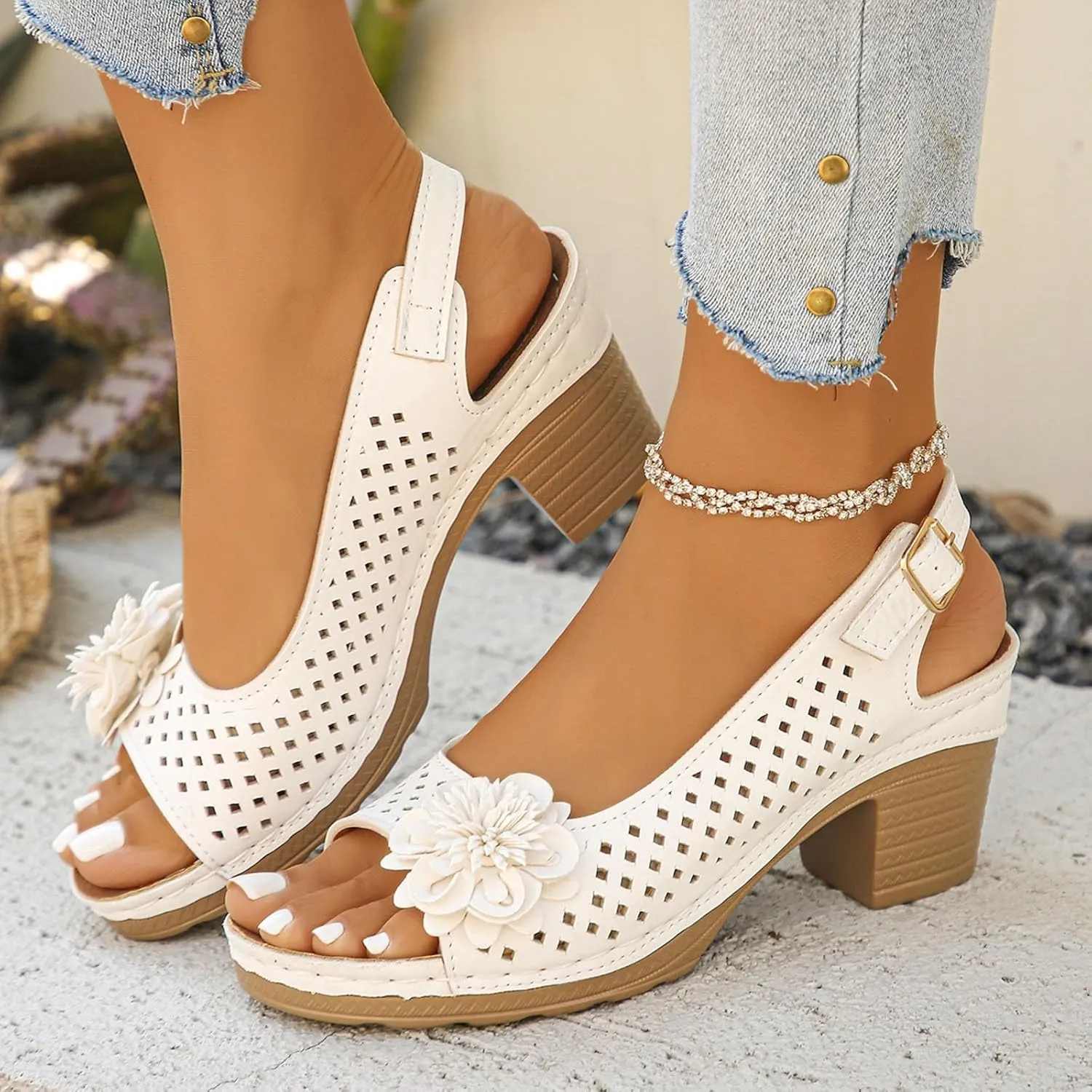 Womens Chunky High Block Heels Sandals 2025 Summer Fish Mouth Flowers Casual Ankle Strap Hollow Out Platform Wedge Open Toe Arch Support Casual Boho Sandal