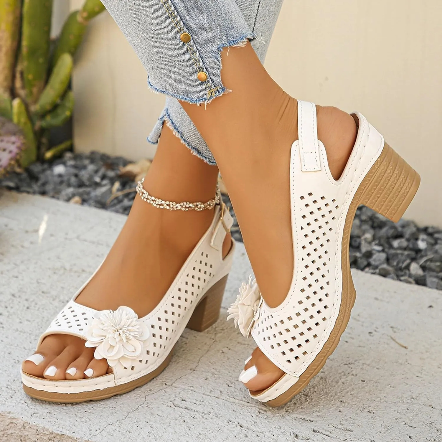 Womens Chunky High Block Heels Sandals 2025 Summer Fish Mouth Flowers Casual Ankle Strap Hollow Out Platform Wedge Open Toe Arch Support Casual Boho Sandal