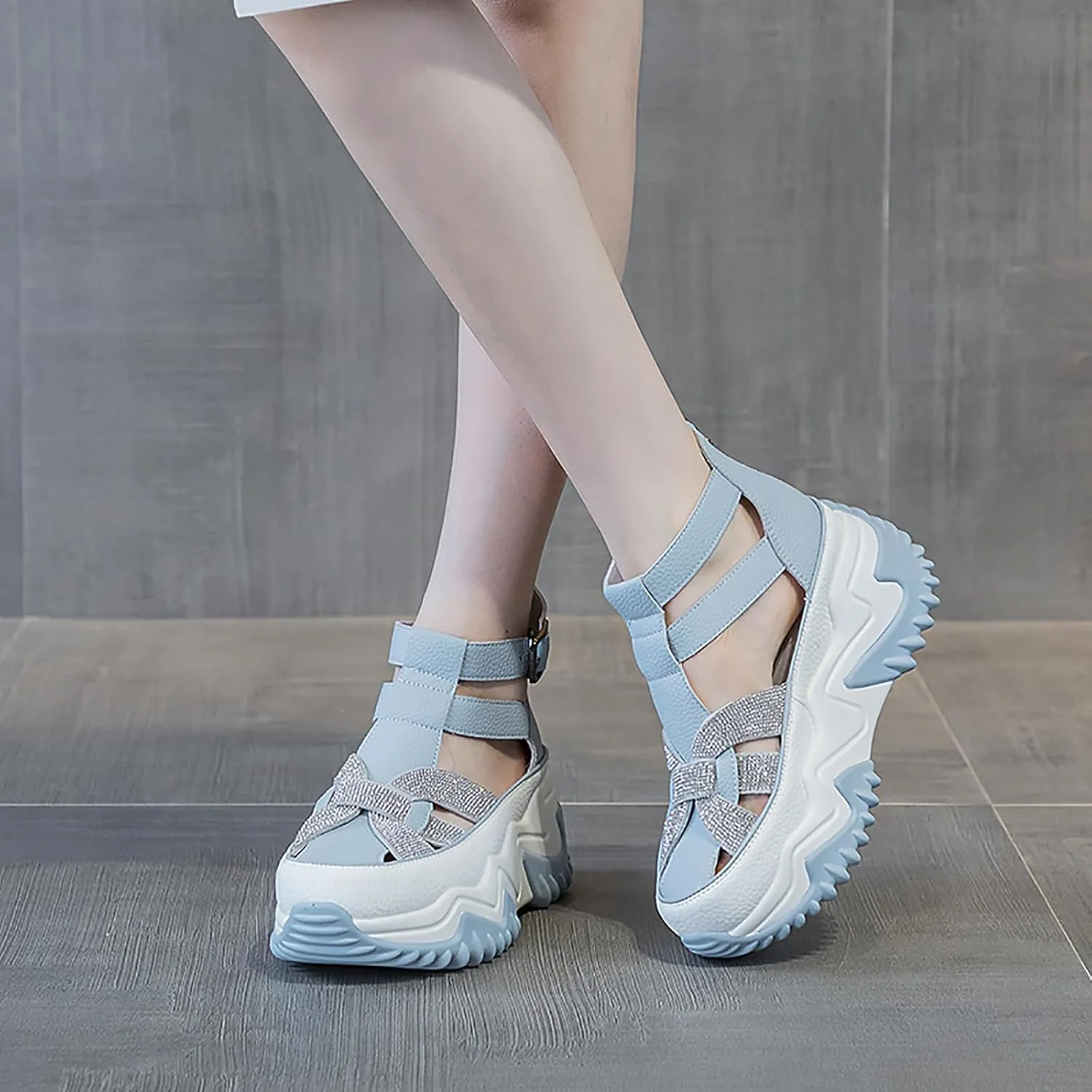 Women's Chunky Platform Sandals,Cutout Leather Wedge Sandals,Fashion Rhinestones y2k Sandals with Back Zipper