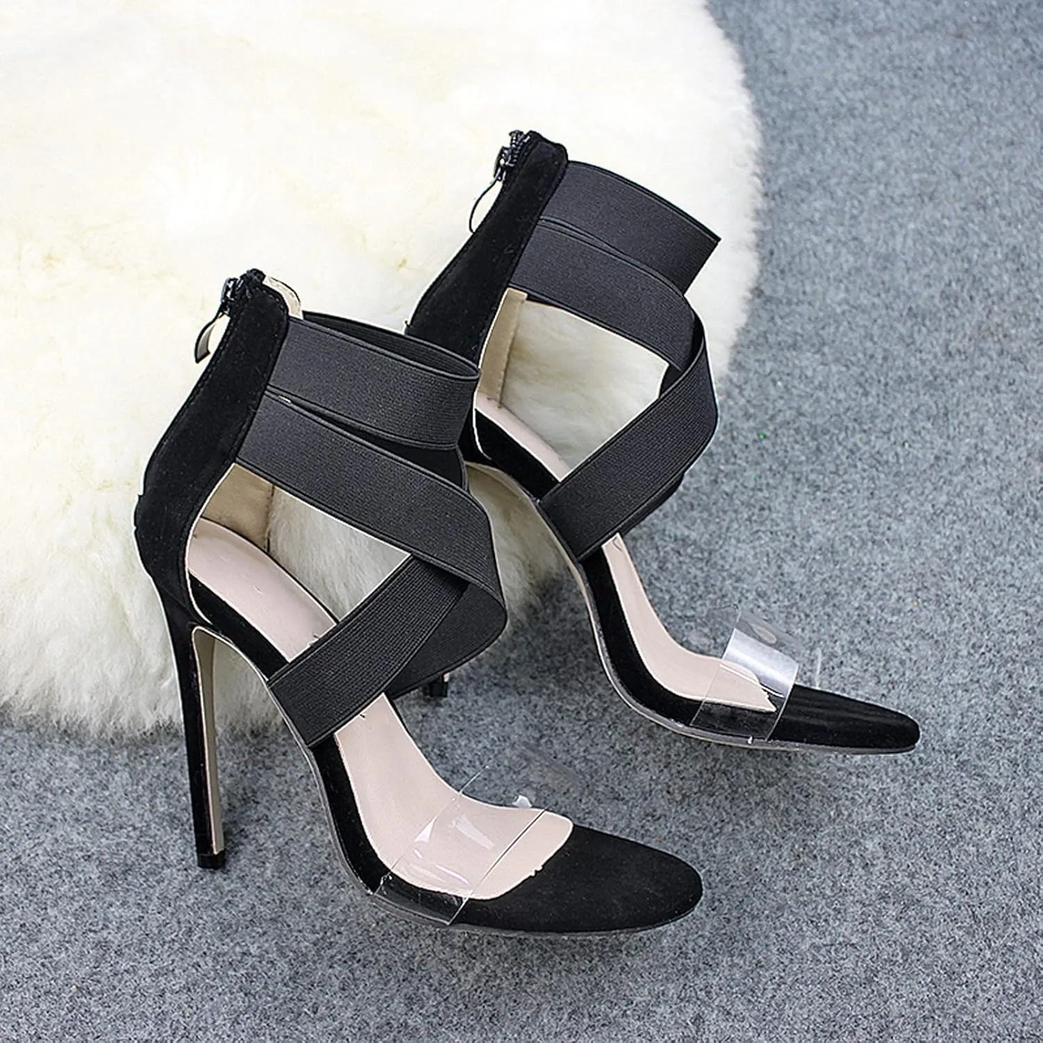 Womens Clear Strap Stiletto Sandals Fashion Snake Pattern Cross Straps Back Zipper Open Toe Thin High Heels Summer Comfortable Casual Shoes