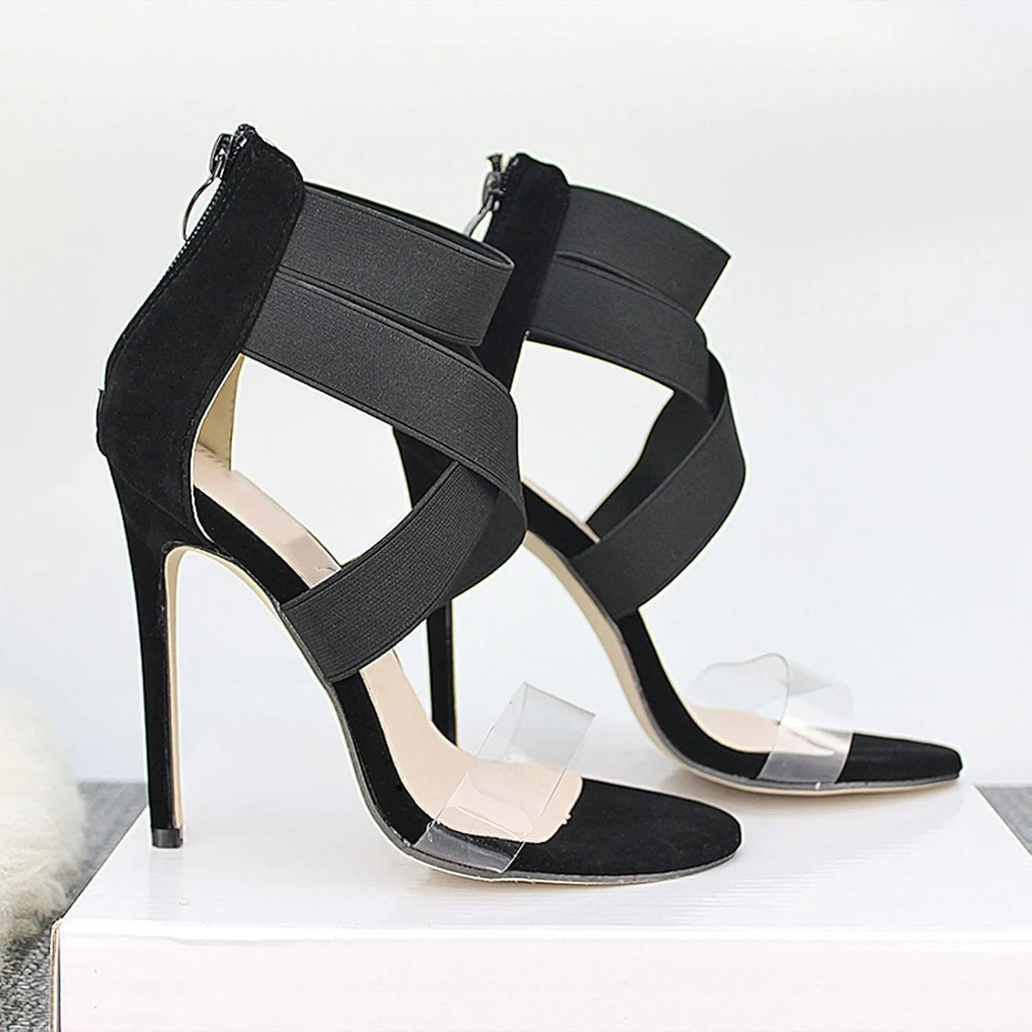 Womens Clear Strap Stiletto Sandals Fashion Snake Pattern Cross Straps Back Zipper Open Toe Thin High Heels Summer Comfortable Casual Shoes