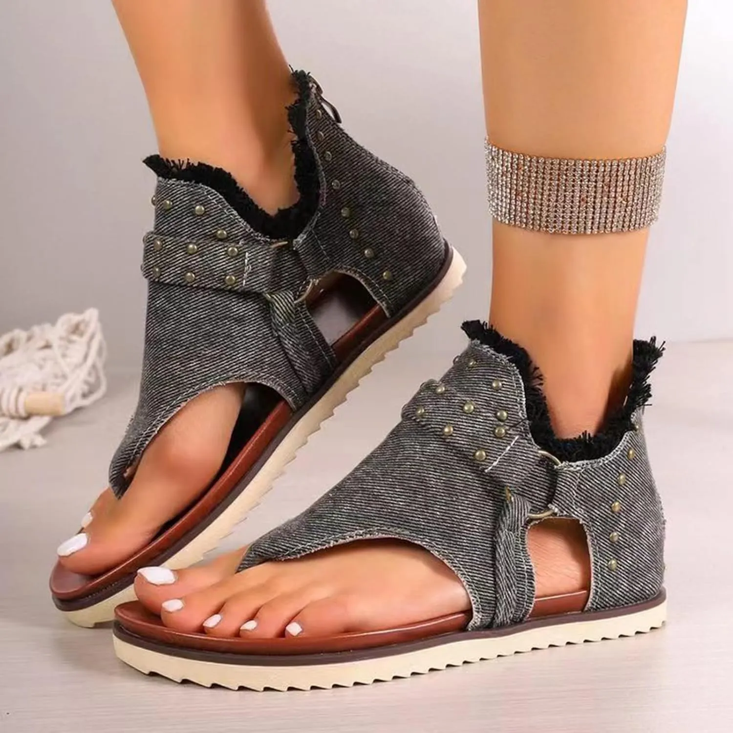 Women's Clip-Toe Flip Flops Studded Canvas Flat Sandals,Summer Fashion Buckle-Strap Back Zipper Orthopedic Open Toe Flops,Casual Fringe Boho Comfy Slip on Beach Slippers