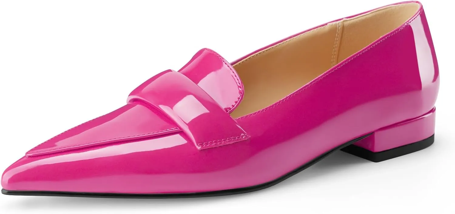 Women's Closed Pointed Toe Penny Loafers Shoes Black Patent Leather Comfortable Slip On Work Business Dressy Classic Flats Shoes