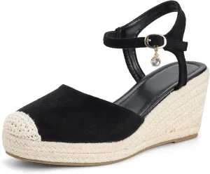 Women's Closed Toe Adjustable Ankle Strap Wedge Sandals, Summer Canvas Espadrille Platform Casual Shoes