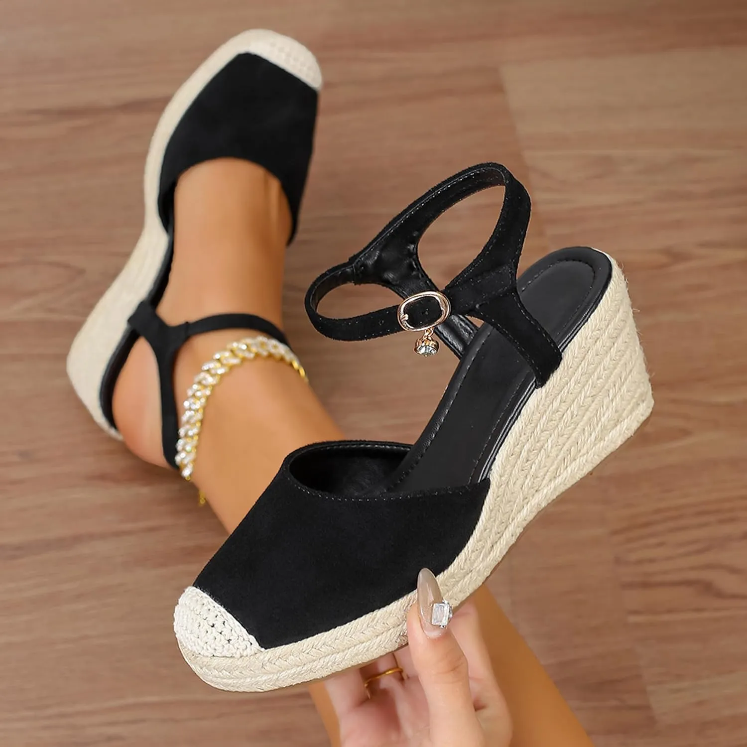 Women's Closed Toe Adjustable Ankle Strap Wedge Sandals, Summer Canvas Espadrille Platform Casual Shoes