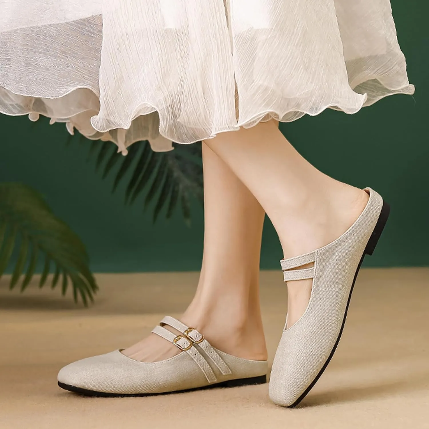 Women's Closed Toe Slip-on Mules Shoes,Comfort Backless Mary Jane Shoes Double Buckle Breathable Slingback Walking Flat Slide Sandals