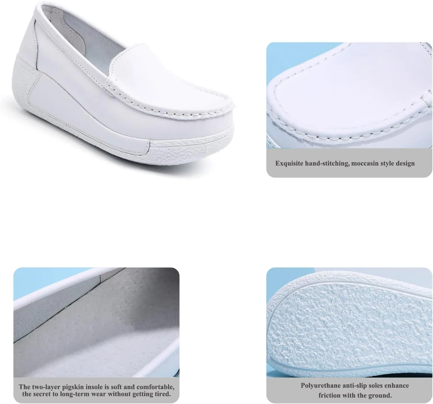 Women's Comfort Wedge Moccasins,Slip-On Low-Top Wedge Loafers,Soft Leather Platform Loafers,Nurse Shoes with Arch Support