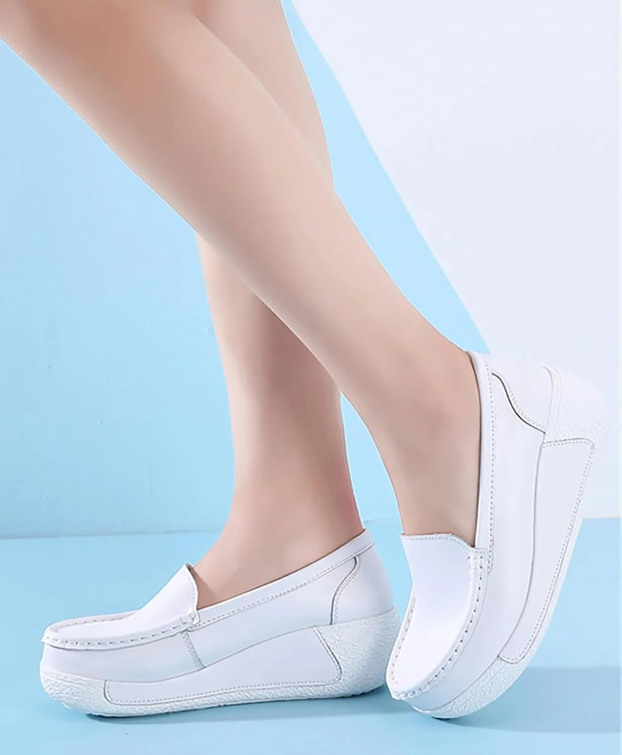 Women's Comfort Wedge Moccasins,Slip-On Low-Top Wedge Loafers,Soft Leather Platform Loafers,Nurse Shoes with Arch Support