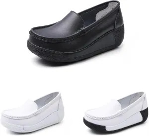 Women's Comfort Wedge Moccasins,Slip-On Low-Top Wedge Loafers,Soft Leather Platform Loafers,Nurse Shoes with Arch Support