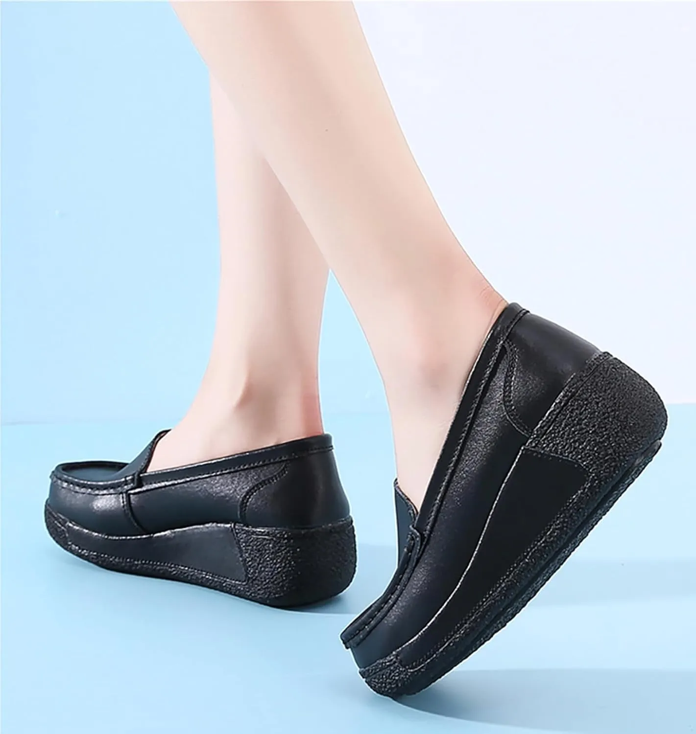 Women's Comfort Wedge Moccasins,Slip-On Low-Top Wedge Loafers,Soft Leather Platform Loafers,Nurse Shoes with Arch Support