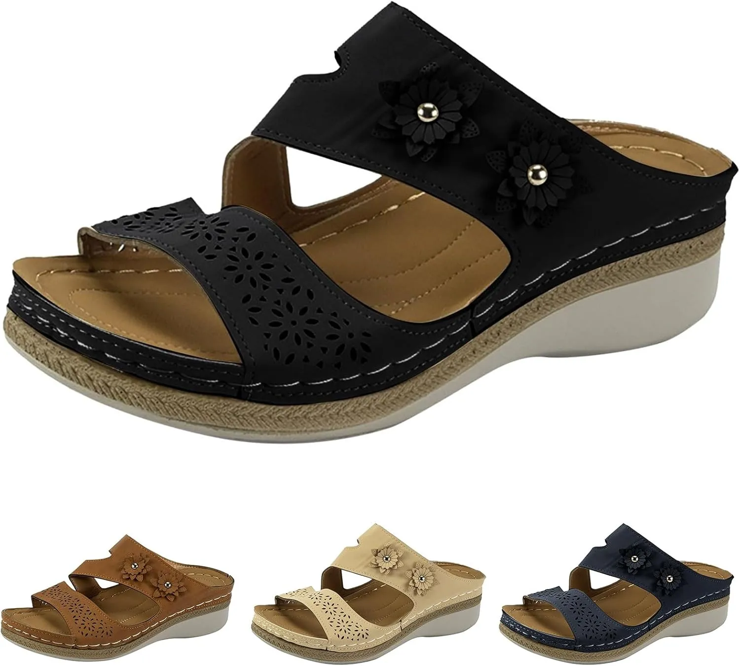Women's Comfortable Orthopedic Sandals Open Toe Wedge Non Slip Sandals Hollow Out Breathable Wedges Slippers Trendy Flowers Working Shopping Walking Slippers