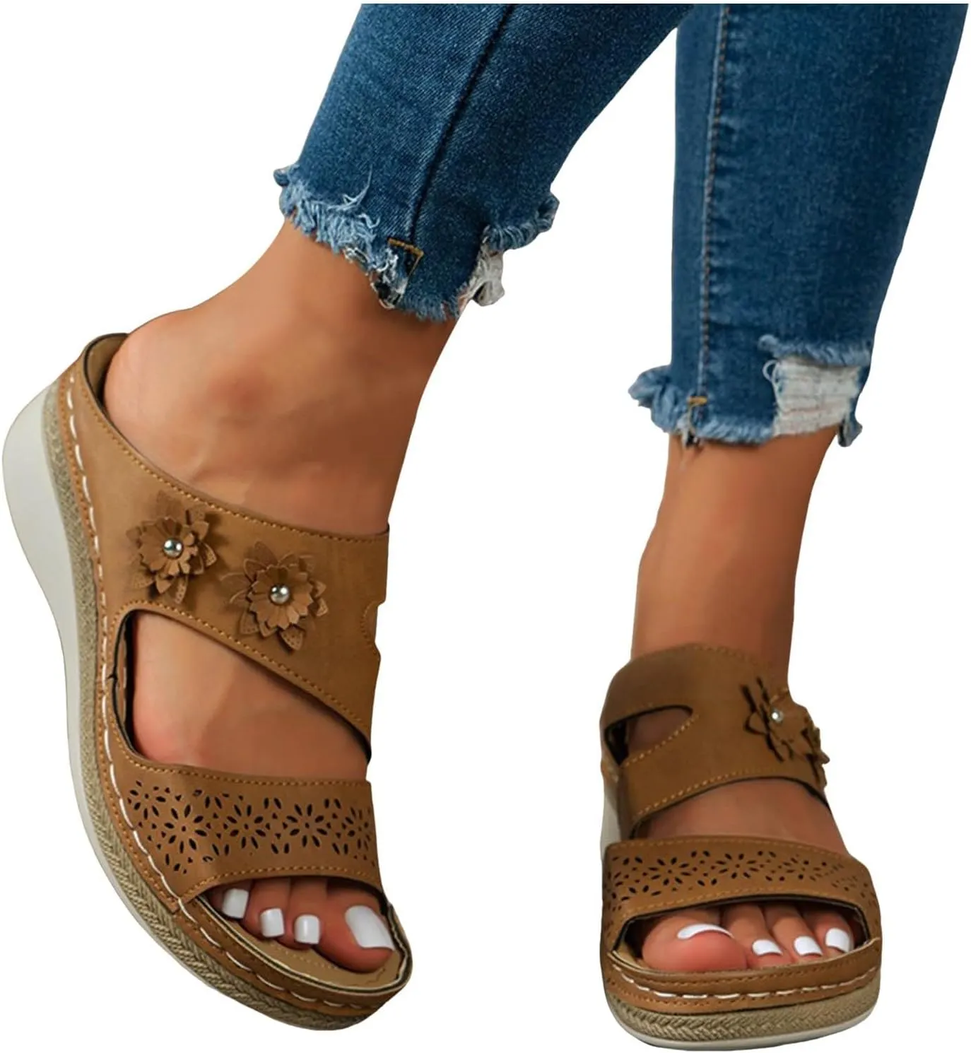 Women's Comfortable Orthopedic Sandals Open Toe Wedge Non Slip Sandals Hollow Out Breathable Wedges Slippers Trendy Flowers Working Shopping Walking Slippers