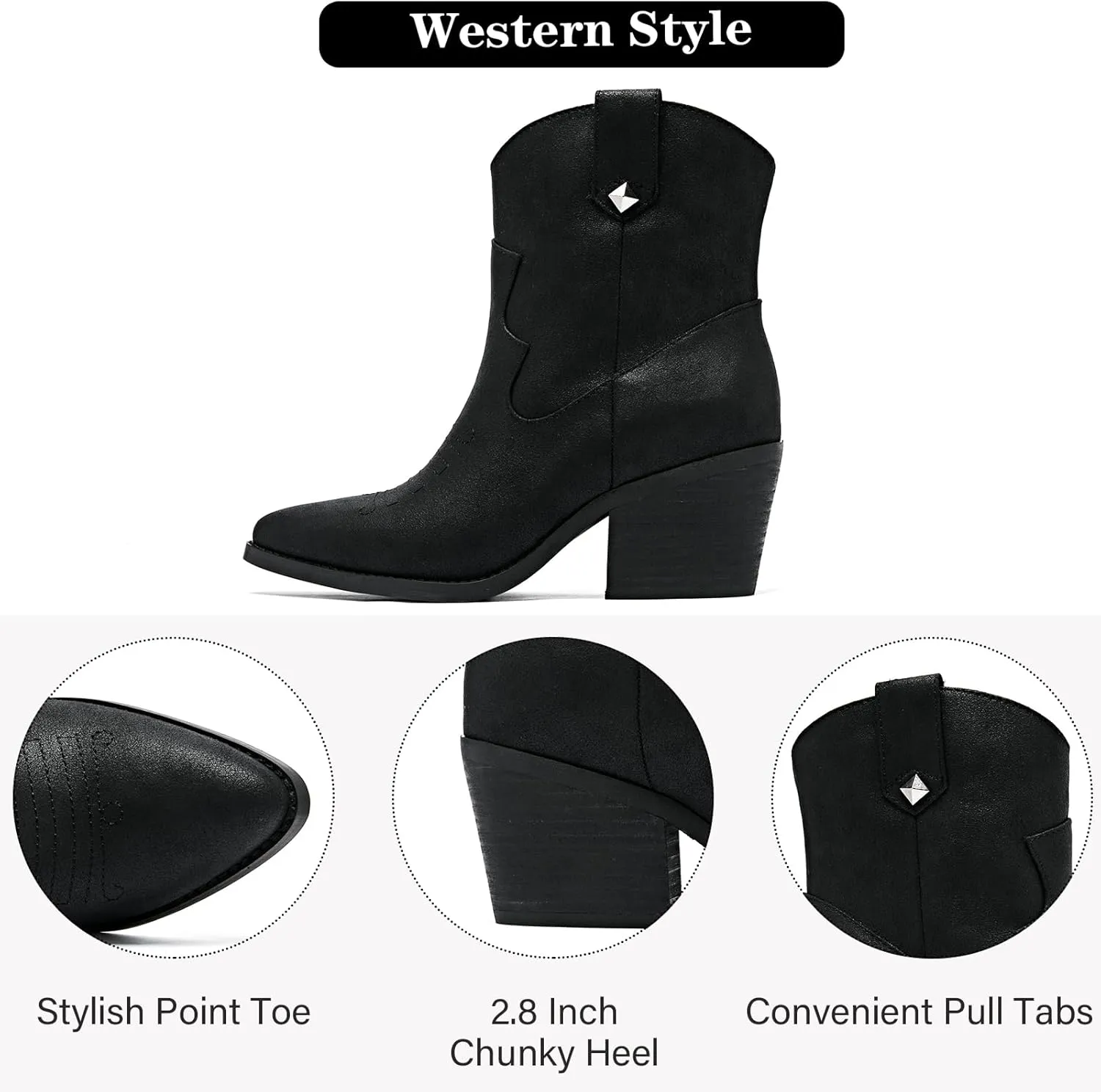 Women's Cowboy Ankle Boots Western Cowgirl Chunky Heeled Booties Classic Casual Comfortable Low Mid Heel Short Boots for Women.