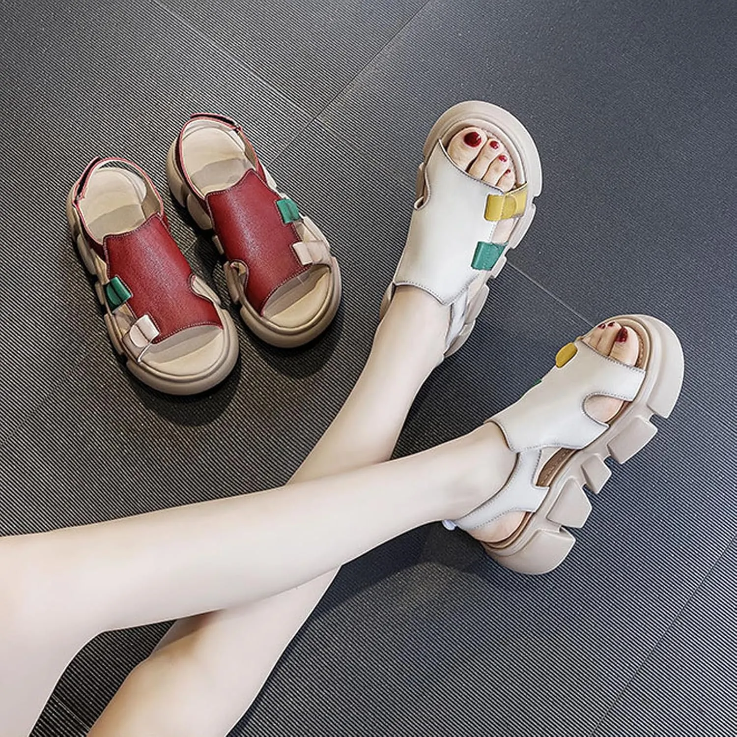 Women's Cowhide Platform Lug Sole Gladiator Sandals Fish Mouth Open Toe Ankle Strap Flatform Sandals Summer Non-Slip Breathable Beach Walking Sandals