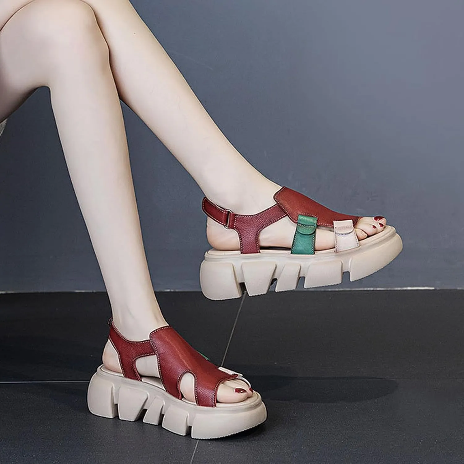 Women's Cowhide Platform Lug Sole Gladiator Sandals Fish Mouth Open Toe Ankle Strap Flatform Sandals Summer Non-Slip Breathable Beach Walking Sandals