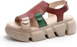 Women's Cowhide Platform Lug Sole Gladiator Sandals Fish Mouth Open Toe Ankle Strap Flatform Sandals Summer Non-Slip Breathable Beach Walking Sandals
