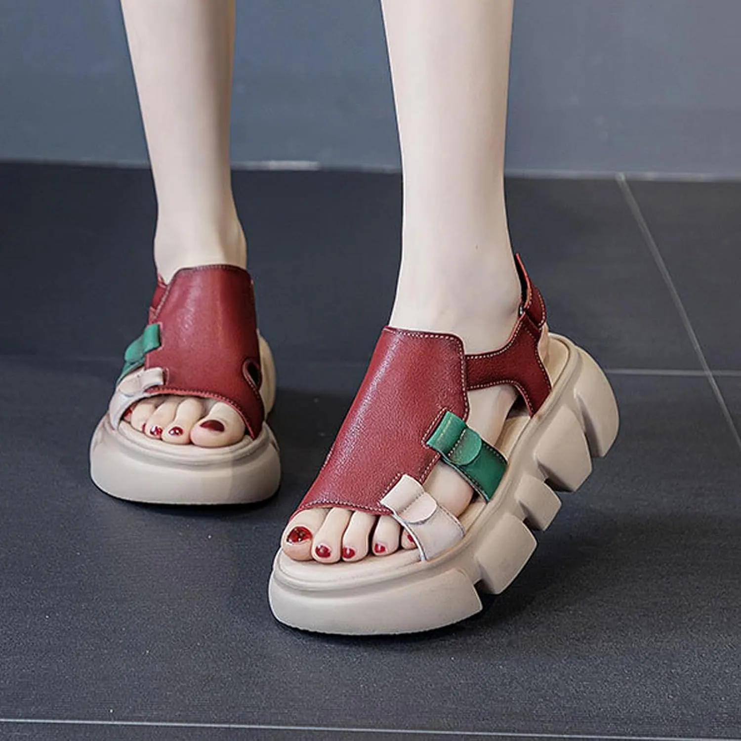 Women's Cowhide Platform Lug Sole Gladiator Sandals Fish Mouth Open Toe Ankle Strap Flatform Sandals Summer Non-Slip Breathable Beach Walking Sandals