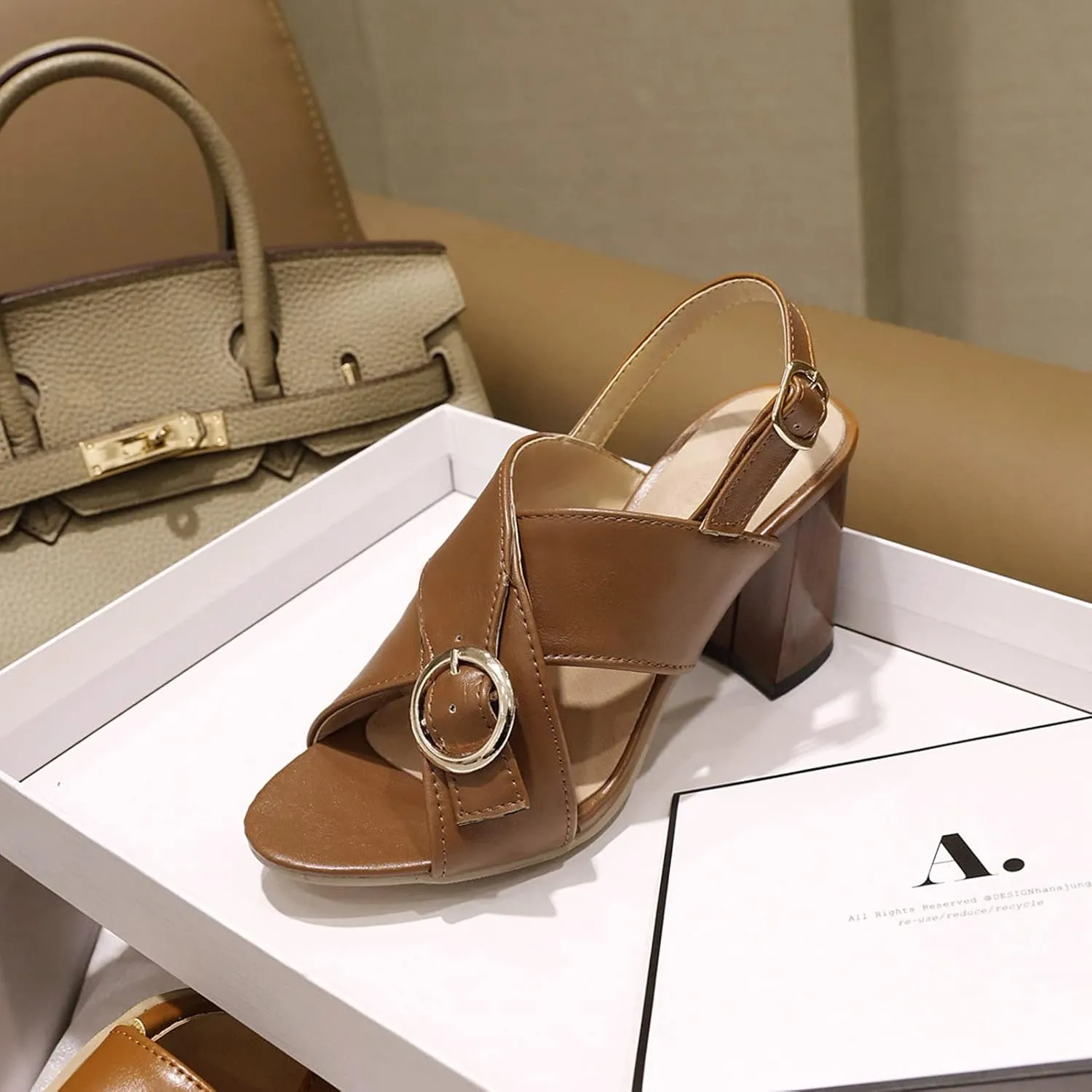 Womens Cross Strap Sandals Chunky Heel Fashion Metal Buckle Fish Mouth Open Toe Thick High Heel Shoes Summer Solid Color Block Heel Shoes
