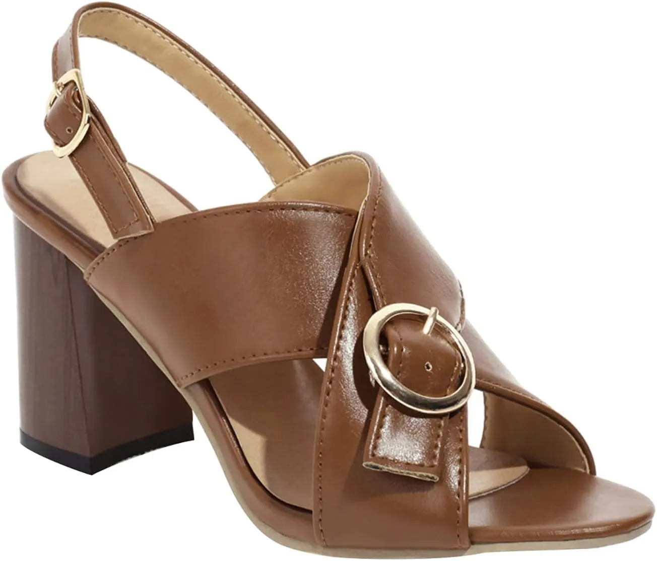 Womens Cross Strap Sandals Chunky Heel Fashion Metal Buckle Fish Mouth Open Toe Thick High Heel Shoes Summer Solid Color Block Heel Shoes