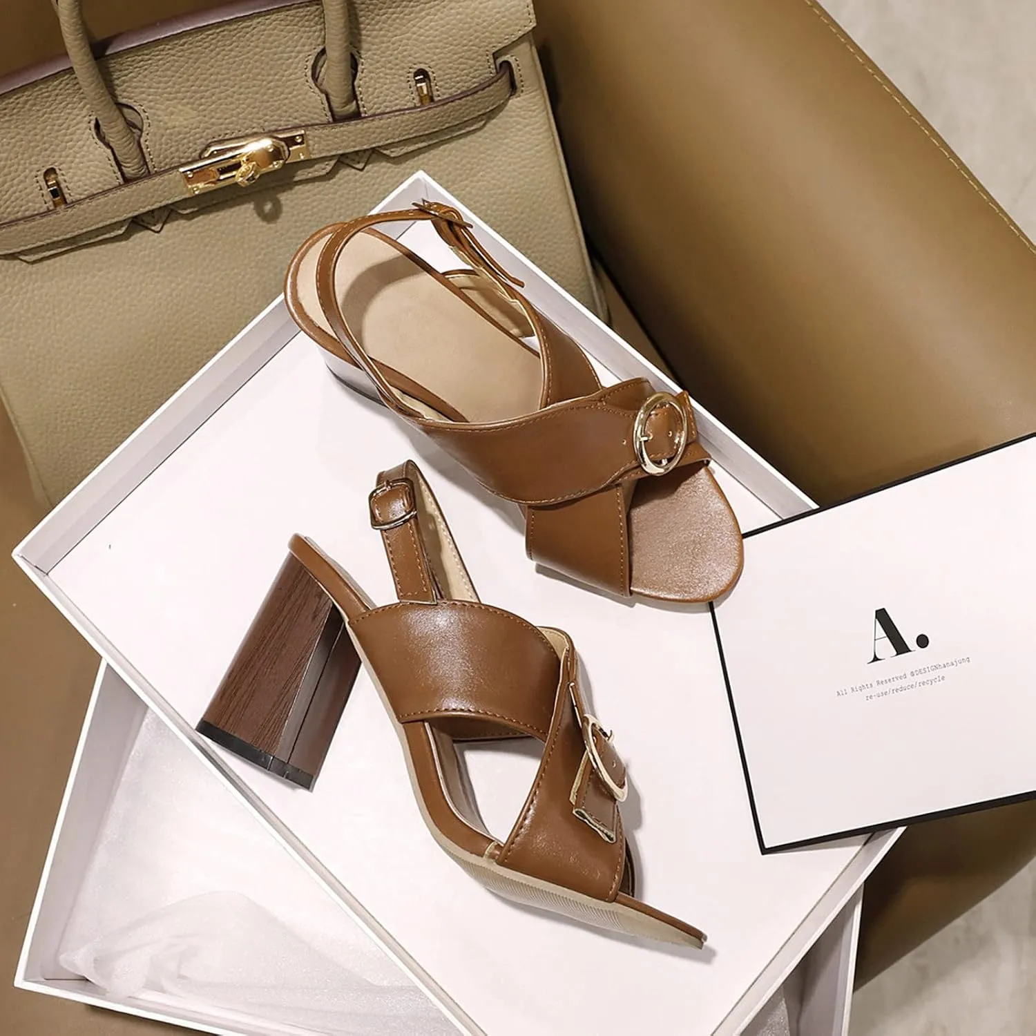 Womens Cross Strap Sandals Chunky Heel Fashion Metal Buckle Fish Mouth Open Toe Thick High Heel Shoes Summer Solid Color Block Heel Shoes