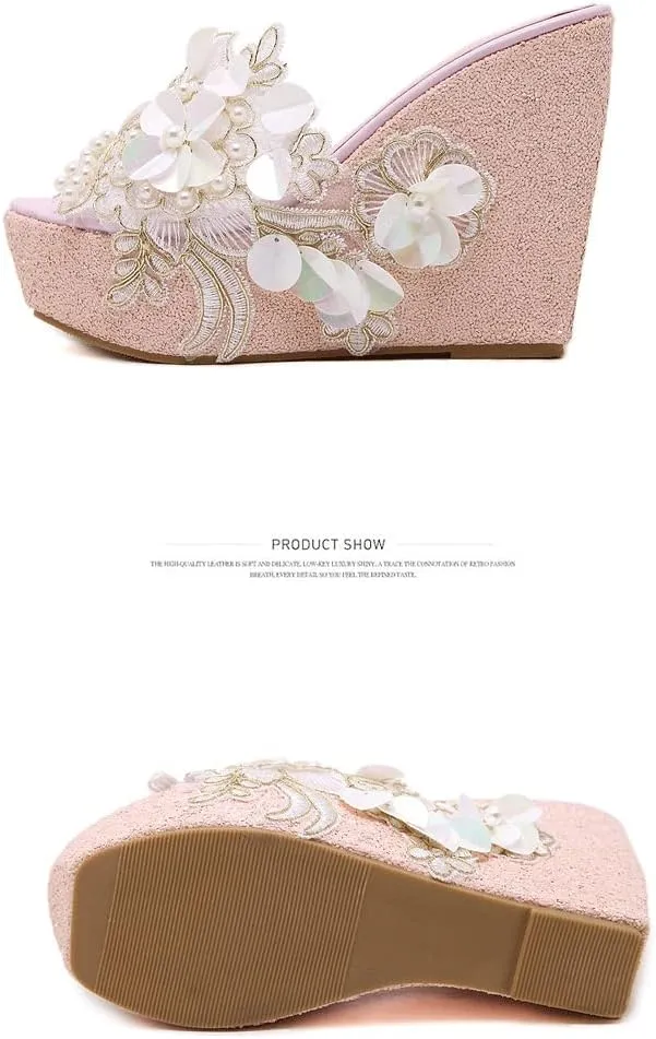 Womens Crystal Flower Summer High Platform Sandals,Fashion Flowers Peep Toe Casual Slip on Wedge Summer Beach Shoes