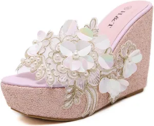 Womens Crystal Flower Summer High Platform Sandals,Fashion Flowers Peep Toe Casual Slip on Wedge Summer Beach Shoes